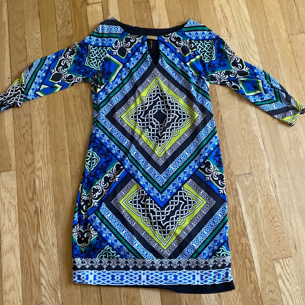 Laundry by Shelli Segal blue, yellow, green, and black patterned dress.